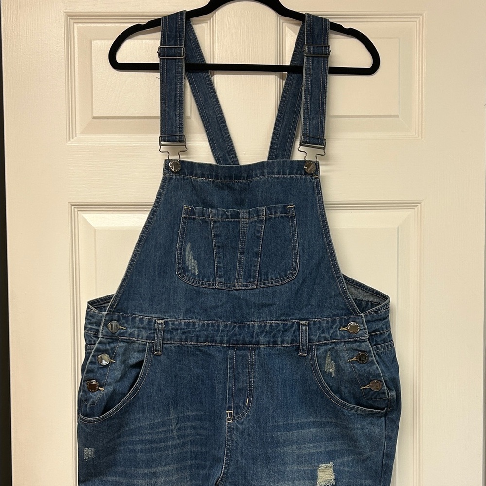 City Chic Blue Denim Overalls Distressed Cuffs Size 14 Fits Like a Size 12